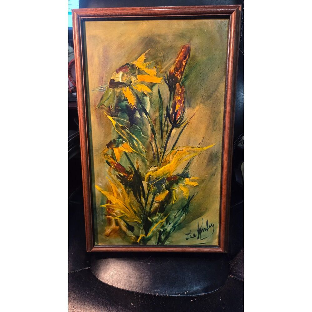 Vintage Mid Century Modern Floral Oil Painting Signed Lee Burley 1970s Impasto